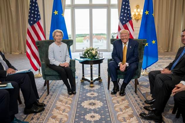 July 27, 2025, Turnberry, Scotland, UK:President Donald J. Trump participates in a Bilateral with the President of the European Commission Ursula von der Leyen at the Trump Turnberry golf course in Turnberry, Scotland, Friday, July 27, 2025. Turnberry UK - ZUMAz03_ 20250727_shc_z03_087 Copyright: xWhitexHousex