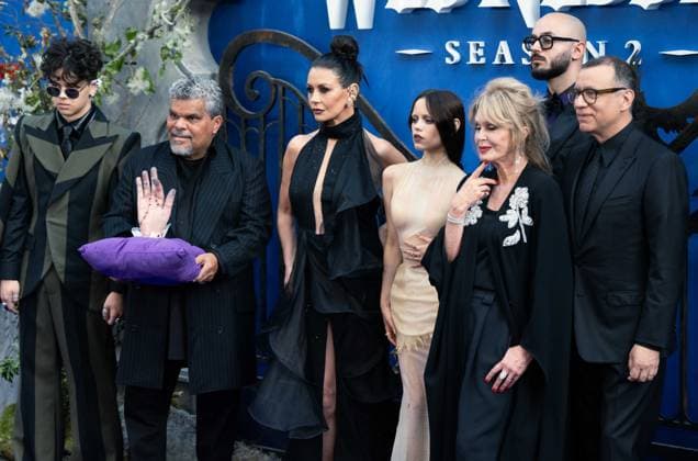 Wednesday Season 2, Part 1 Global Premiere VIP Arrivals LONDON, ENGLAND - JULY 30: (L to R) Isaac Ordonez, Luis Guzman, Catherine Zeta-Jones, Jenna Ortega, Joanna Lumley, Fred Armisen and Victor Dorobantu attend the Global Premiere of Wednesday Season 2, Part 1 at Central Hall Westminster on July 30, 2025 in London, England., Credit:lounis tiar Avalon United Kingdom, London, Westminster  Copyright: xlounisxtiarx xAvalonx 1026819772