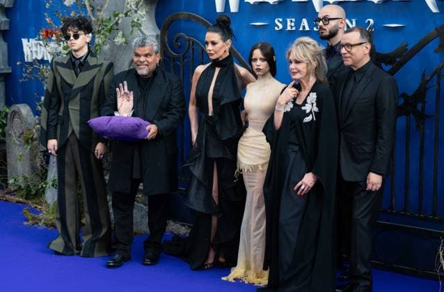 Wednesday Season 2, Part 1 Global Premiere VIP Arrivals LONDON, ENGLAND - JULY 30: (L to R) Isaac Ordonez, Luis Guzman, Catherine Zeta-Jones, Jenna Ortega, Joanna Lumley, Fred Armisen and Victor Dorobantu attend the Global Premiere of Wednesday Season 2, Part 1 at Central Hall Westminster on July 30, 2025 in London, England., Credit:lounis tiar Avalon United Kingdom, London, Westminster  Copyright: xlounisxtiarx xAvalonx 1026819818