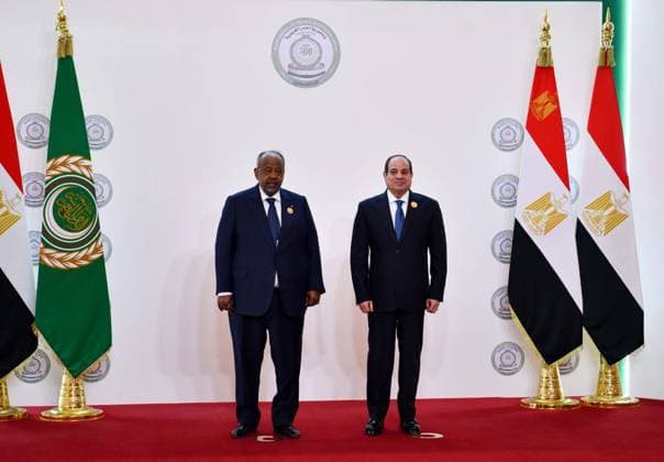 Emergency Arab summit on Gaza reconstruction opens in Egypt CAIRO, EGYPT - MARCH 04: (----EDITORIAL USE ONLY - MANDATORY CREDIT - EGYPTIAN PRESIDENCY HANDOUT - NO MARKETING NO ADVERTISING CAMPAIGNS - DISTRIBUTED AS A SERVICE TO CLIENTS----) Egyptian President Abdel Fattah al-Sisi (R) welcomes Djibouti’s President Ismail Omar Guelleh (L) for the emergency Arab summit in Cairo, Egypt on March 04, 2025. Al Qahirah Egypt. Editorial use only. Please get in touch for any other usage.  Copyright: x2025xAnadoluxEgyptianxPresidencyx