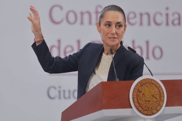 Mexico™s President Claudia Sheinbaum Holds Briefing Mexico s President Claudia Sheinbaum speaks during a news conference, where she talk about the meeting she held with the relatives of the disappeared from Ayotzinapa, at National Palace. on July 30, 2025 in Mexico City, Mexico. Mexico City CDMX Mexico Copyright: xCarlosxSantiagox