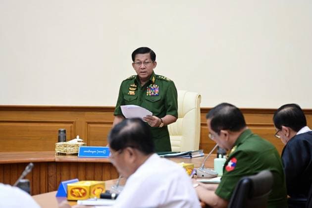 (250731) -- NAY PYI TAW, July 31, 2025 -- Senior General Min Aung Hlaing speaks during a meeting of National Defense and Security Council (NDSC) in Nay Pyi Taw, Myanmar, on July 31, 2025. Myanmar s National Defense and Security Council on Thursday formed a new union government and State Security and Peace Commission, the state-owned Myanmar Radio and Television (MRTV) reported. ( Handout via Xinhua) MYANMAR-NAY PYI TAW-NDSC-NEW UNION GOVERNMENT-FORMATION MyawadyxVarietyxTelevisionxChannel 