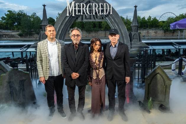 Wednesday s Beach Club Opening NB Miles Millar, Tim Burton, Jenna Ortega and Alfred Gough attends Le Beach Club de Mercredi (Wednesday s Beach Club) opening on July 31, 2025 in Paris, France. Photo by Nasser Berzane ABACAPRESS.COM Paris France  Copyright: xBerzanexNasser ABACAx