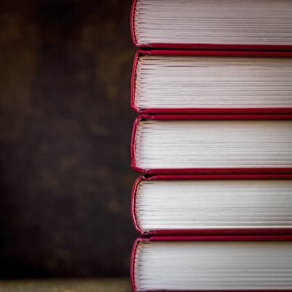 Die Bücher sind vertikal gestapelt und präsentieren ihre roten Buchrücken und knackig weißen Seiten vor einem tiefbraunen Hintergrund, der eine gemütliche und einladende Atmosphäre zum Lesen schafft Books are stacked vertically, showcasing their red spines and crisp white pages against a deep brown backdrop, creating a cozy and inviting atmosphere for reading Copyright: imageBROKER BernardxJaubert iblbja14498705.jpg