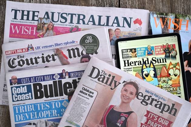 NEWS CORP STOCK, A collection of News Corp™s Australian newspapers are seen on display in Brisbane, Friday, August 1, 2025. ( NO ARCHIVING BRISBANE QUEENSLAND AUSTRALIA  Copyright: xDARRENxENGLANDx 20250801198645852443