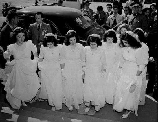 June 18, 1947, Ottawa, On, Canada: The Dionne quintuplets and their sisters arrive at Lansdowne Park in Ottawa, to take part in a program of religious music during the Marian Congress, June 18-22, 1947. Ottawa Canada  - ZUMAc35_ 19470618_zaf_c35_001 Copyright: xThexCanadianxPressx