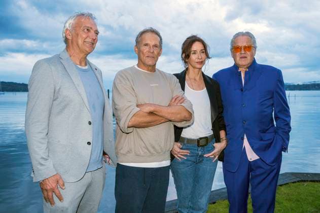 Matthias Helwig, Christian Tramitz, Katharina Müller-Elmau und Michael Brandner bei der Premiere von zwei neuen Folgen der ARD-Vorabendserie Hubert ohne Staller auf dem Open Air Starnberg 2025 im Open Air Kino im Seebad. Starnberg, 05.08.2025