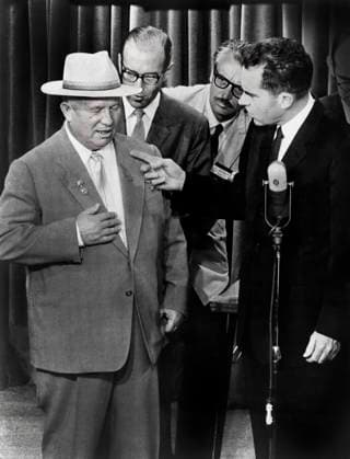 U.S. Vice President Richard M. Nixon gesturing with his finger towards Soviet Premier Nikita Khrushchev during televised debate, known as the Kitchen Debate , at the American National Exhibition, Moscow, Soviet Union, White House Photo Office, July 27, 1959  Copyright: xCircaxImagesx ghi-circa13528