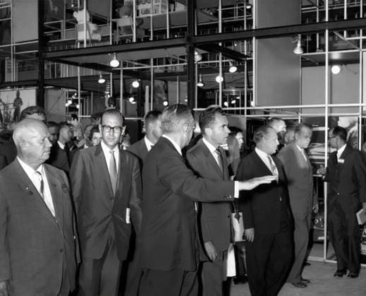 Soviet Premier Nikita Khrushchev and U.S. Vice President Richard M. Nixon touring the American Exhibition at Sokolniki Park, Moscow, Soviet Union, White House Photo Office, July 27, 1959  Copyright: xCircaxImagesx ghi-circa13530