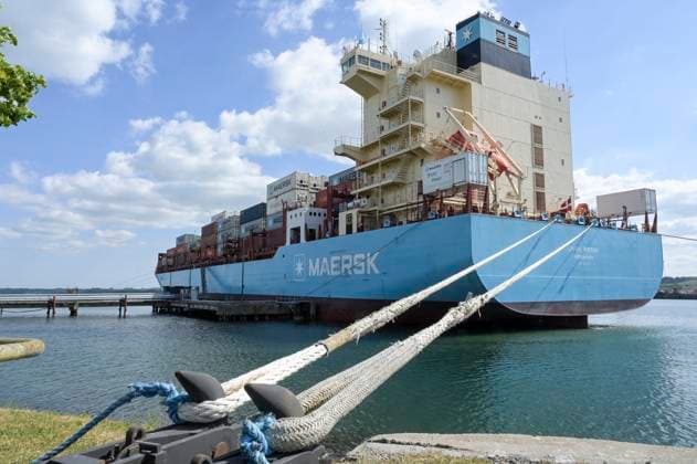 Denmark, Maersk shipping DENMARK, Aabenraa havn, Container vessel Laura Maersk with loaded container on deck, the ship engine can be powered with e-methanol or ship diesel Aabenraa Denmark