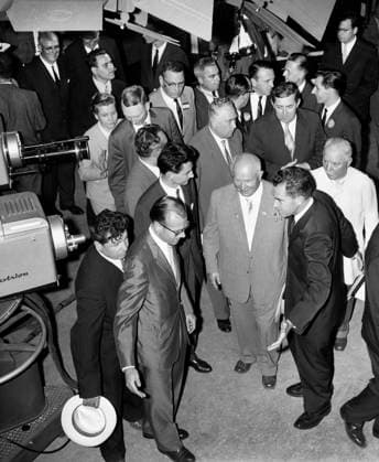 March 3, 2016, Moscow, Russia: Soviet Premier Nikita Khrushchev and U.S. Vice President Richard M. Nixon pause in front of color television cameras to make a video tape recording before their tour of the American Exhibition at Sokolniki Park, Moscow, Soviet Union, White House Photo Office, July 27, 1959 Moscow Russia - ZUMAg145 20160303_zap_g145_002 Copyright: xJTxVintagex