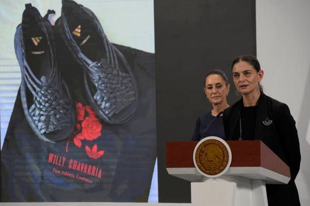 Mexico™s President Claudia Sheinbaum Holds Briefing Undersecretary of Cultural Development of the Ministry of Culture, Marina Nunez Bespalova speaks about the case of plagiarism of the traditional Mexican huarache by the Adidas Oaxaca Slip On, the Adidas tennis brand, and Willy Chavarria during a press conference at the National Palace. on August 8, 2025 in Mexico City, Mexico. (Photo by Luis Barron Grupo Eyepix) Copyright: xLuisxBarronx xEyepixxGroupx LB_08082025_165090