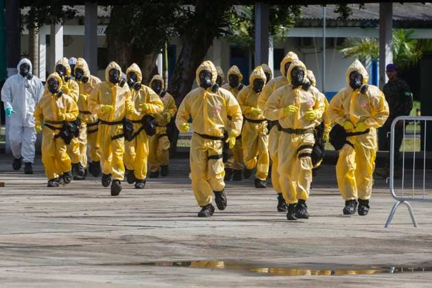 News Themen der Woche KW32 BELÃ M, PA - 08.08.2025: COP 30 _ TREINAMENTO EM DQBRN - The Marajoara Joint Operational Command, a structure created by the Ministry of Defense to integrate Armed Forces troops into COP 30, is holding new training in Chemical, Biological, Radiological, and Nuclear Defense (CBRN) this week in BelÃ m, Para. The training is being attended by agents from the State Department of Public Health (SESPA), the Mobile Emergency Care Service (SAMU), and military personnel from the Brazilian Army, Navy, and Air Force. x2783211x  OswaldoxForte