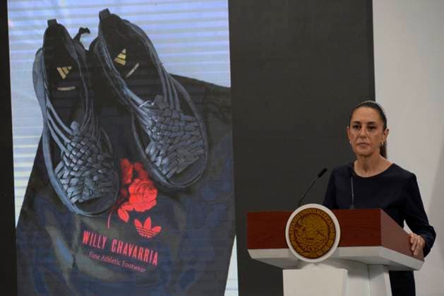 Mexican President Claudia Sheinbaum Pardo speaks about the case of plagiarism of the traditional Mexican huarache by the Adidas Oaxaca Slip On, the Adidas tennis brand, and Willy Chavarria during a press conference at the National Palace. on August 8, 2025 in Mexico City, Mexico. Mexico City Mexico - ZUMAe321 20250808_zia_e321_001 Copyright: xLuisxBarronx