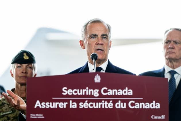 August 8, 2025, Trenton, On, Canada: Prime Minister Mark Carney speaks during a press conference at Canadian Forces Base (CFB) 8 Wing Trenton in Trenton, Ont., on Friday, Aug. 8, 2025. Trenton Canada  - ZUMAc35_ 20250808_zaf_c35_036 Copyright: xSpencerxColbyx