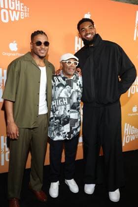 NEW YORK, NY - AUGUST 11: Miles ˜Duece™ McBride, Spike Lee and Karl-Anthony Towns at the Highest 2 Lowest Premiere at Brooklyn Academy of Music on August 11, 2025 in New York City. Copyright: xWalikxGoshornx