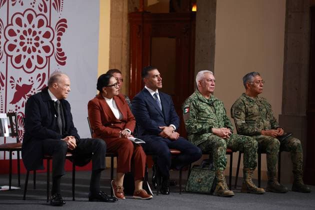 Mexican President Claudia Sheinbaum holds her daily press conference with the national security cabinet MEXICO CITY, MEXICO - AUGUST 12: (L-R) Mexican General Attorney Alejandro Gertz Manero, Mexico s Interior Minister Rosa Icela Rodriguez, Secretary of Security and Citizen Protection Omar Garcia Harfuch, Secretary of Defense Ricardo Trevilla and Secretary of the Navy Raymundo Morales, attend a press conference, at the National Palace, in Mexico City, Mexico on August 12, 2025. Results of the national security strategy were presented during the press conference, included the seizure of weapons and drugs, the arrest of cartel members and a decrease in homicides. Daniel Cardenas Anadolu Mexico City Mexico. Editorial use only. Please get in  Copyright: x2025xAnadoluxDanielxCardenasx