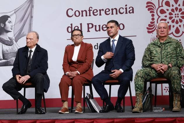 Mexican President Claudia Sheinbaum holds her daily press conference with the national security cabinet MEXICO CITY, MEXICO - AUGUST 12: (L-R) Mexican General Attorney Alejandro Gertz Manero, Mexico s Interior Minister Rosa Icela Rodriguez, Secretary of Security and Citizen Protection Omar Garcia Harfuch and Secretary of Defense Ricardo Trevilla, attend a press conference, at the National Palace, in Mexico City, Mexico on August 12, 2025. Results of the national security strategy were presented during the press conference, included the seizure of weapons and drugs, the arrest of cartel members and a decrease in homicides. Daniel Cardenas Anadolu Mexico City Mexico. Editorial use only. Please get in touch for any other usage.  Copyright: x2025xAnadoluxDanielxCardenasx