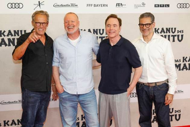 Weltpremiere Das Kanu des Manitu in München München, 12.8.2025 Christian Tramitz, Stefan Raab, Michael Bully Herbig und Rick Kavanian bei der Weltpremiere von Das Kanu des Manitu im im Mathäser Filmpalast in München Bayern Copyright: xMatthiasxGränzdörferx