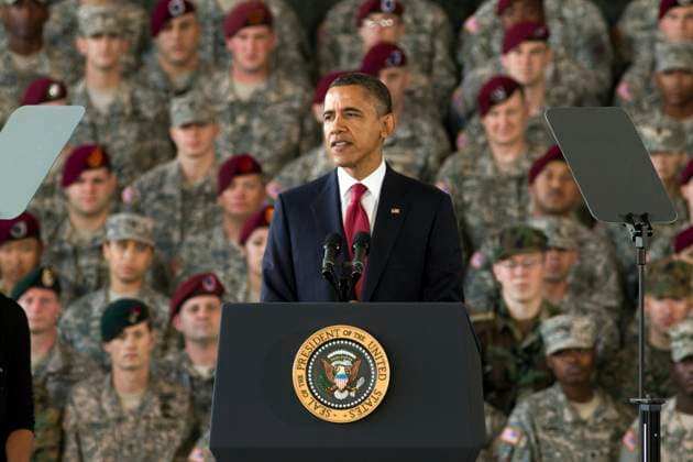 Obama Marks Withdrawal of Forces From Iraq at Fort Bragg Dec. 14, 2011 - Fayetteville, North Carolina, U.S. - President BARACK OBAMA speaks at Fort Bragg to mark the withdrawal all forces from Iraq by the end of the month. The President s speech featured grateful thanks to American troops for their service in Iraq as the United States prepares to withdrawal all forces from Iraq by the end of the year. Copyright: xLoganxMock-Buntingx