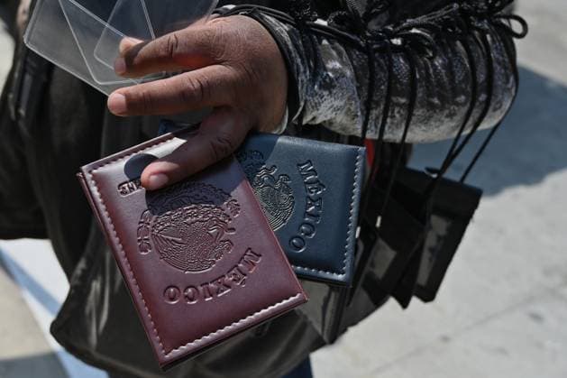 Mexican Labor Headed To US Agriculture Work A passport cover walking salesman shows a Mexican passport cover to Mexican laborers with work visas who line up near the US-Mexico Border s San Ysidro Port of Entry in Tijuana, Mexico, on August 13, 2025. Tijuana BAJA CALIFORNIA Mexico  Copyright: xCarlosxMorenox originalFilename: moreno-mexicanl250813_npuAu.jpg
