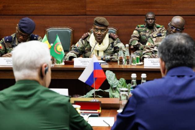 RUSSIA, MOSCOW - AUGUST 14, 2025: Sadio Camara (C), Defence Minister of Mali, speaks during a meeting between Andrei Belousov, Defence Minister of Russia, and his other counterparts from the Alliance of Sahel States, a confederation formed by Burkina Faso, Mali and Niger in 2024. Russian Defence M Moscow Russia  - ZUMAt113 20250814_zaa_t113_412 Copyright: xVadimxSavitskyx
