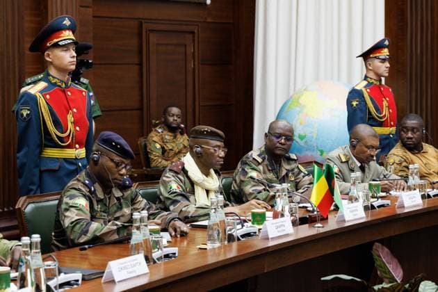 RUSSIA, MOSCOW - AUGUST 14, 2025: Sadio Camara (2nd L), Defence Minister of Mali, attends a meeting between Andrei Belousov, Defence Minister of Russia, and his other counterparts from the Alliance of Sahel States, a confederation formed by Burkina Faso, Mali and Niger in 2024. Russian Defence M Moscow Russia  - ZUMAt113 20250814_zaa_t113_458 Copyright: xVadimxSavitskyx