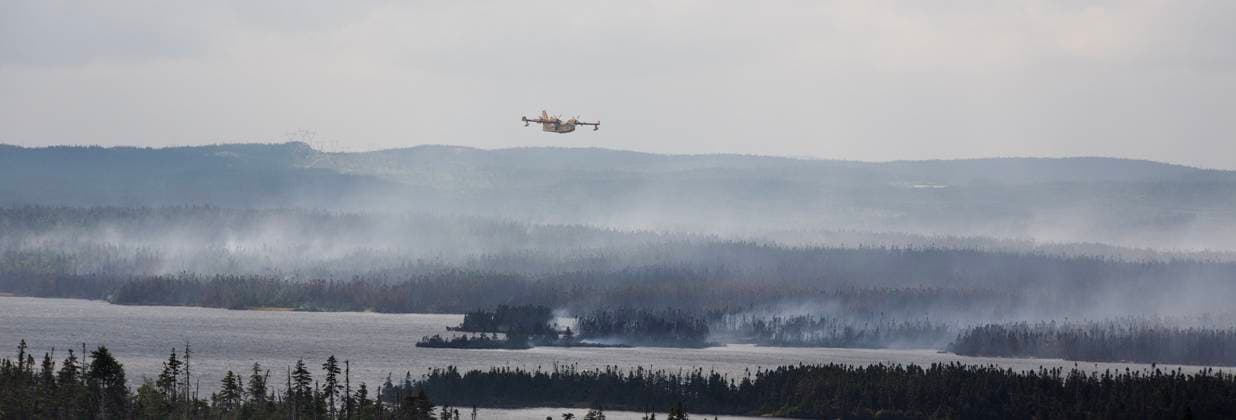 August 14, 2025, St. John s, Nl, CANADA: A water bomber flies over the Paddy s Pond wildfire, just outside St. John s, N.L., on Thursday, Aug. 14, 2025. St. John s CANADA  - ZUMAc35_ 20250814_zaf_c35_074 Copyright: xPaulxDalyx