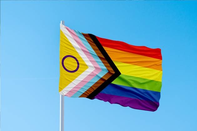 Bavaria, Germany August 13, 2025: PHOTOMONTAGE, The Progress Pride flag with the intersex symbol flies against a blue sky a powerful symbol of diversity, equality, and global solidarity with the LGBTQIA+ community. *** FOTOMONTAGE, Die Progress-Pride-Flagge mit Intersex-Symbol weht vor blauem Himmel ein starkes Zeichen für Vielfalt, Gleichberechtigung und weltweite Solidarität mit der LGBTQIA+-Community.