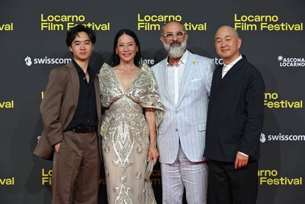 Locarno,Swiss Locarno Film Festival 2025 Photocall and red carper present Rosemead film Piazza Grande In the photo:Lucy Liu actress producer Career Achievement Award, Eric Lin director,producer,Lawrence Shou actor and Giona Nazzaro director artist Locarno film Festival  Copyright: xNickxZonnax xipa-agency.netx xNickxZonnax IPA_Agency_IPA62448005
