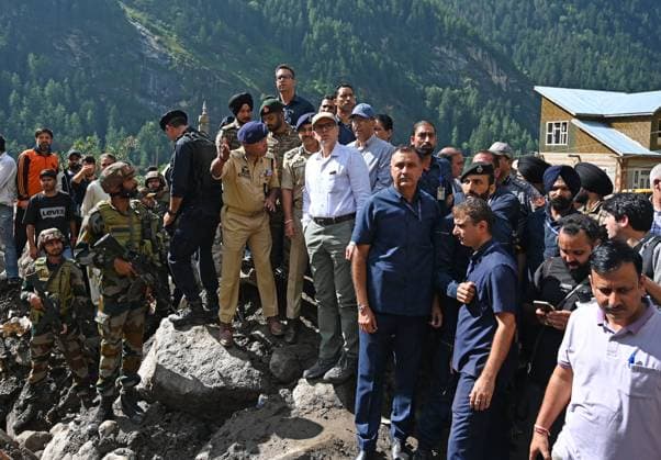KISHTWAR, INDIA - AUGUST 16: Jammu and Kashmir chief minister Omar Abdullah visits flash floods site at Chositi village, in Kishtwar district, on August 16, 2025 in Kishtwar, India. At least 60 people, including two CISF personnel, have died after a massive cloudburst triggered flash floods in the remote Chasoti village of Jammu and Kashmir s Kishtwar district on Thursday, leaving many others trapped. Rescue teams have pulled 167 people from the rubble, with 38 reported in serious condition. Police on Thursday night issued an advisory putting all sub-divisions on high alert, with dedicated teams stationed to respond to emergencies as the large-scale search and rescue operation continues. (Photo by Waseem Andrabi Hindustan Times ) 60 Dead In