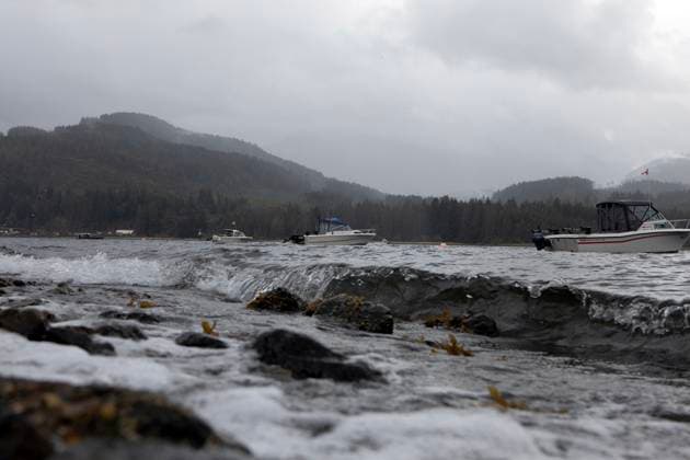 August 16, 2025, Port Alberni, Bc, CAN: Rain and smoke from the Underood Mountain wildfire can be seen from across the Alberni Inlet at the Macktush Creek Campsite off Canal Main Rd. south of Port Alberni, B.C., on Saturday, August 16, 2025. Port Alberni CAN  - ZUMAc35_ 20250816_zaf_c35_130 Copyright: xChadxHipolitox