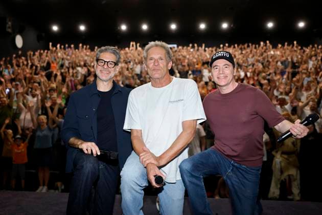 Die Schauspieler Rick Kavanian, Christian Tramitz und Michael Bully Herbig bei der Kino-Tour zu ihrem neuen Film Das Kanu des Manitu im Cineplex Kino. Leverkusen, 18.08.2025 NRW Deutschland Copyright: xChristophxHardtx