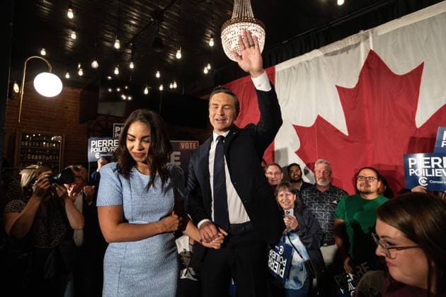 August 18, 2025, Camrose, Ab, CANADA: Anaida Poilievre and Conservative Party Leader Pierre Poilievre celebrate the win during the Battle River-Crowfoot byelection in Camrose, Alta., Monday, Aug. 18, 2025. Camrose CANADA  - ZUMAc35_ 20250818_zaf_c35_121 Copyright: xJasonxFransonx