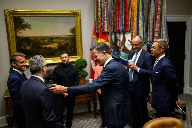 French President Emmanuel Macron, U.K. Prime Minister Keir Starmer, Ukrainian President Volodymyr Zelenskyy, European Commission President Ursula von der Leyen, NATO Secretary General Mark Rutte, German Chancellor Friedrich Merz, and Finnish President Alexander Stubb wait in the Roosevelt Room as President Donald Trump makes a call with Russian President Vladimir Putin in the Oval Office, Monday, August 18, 2025.  WAX2025081941 DANIELxTOROK