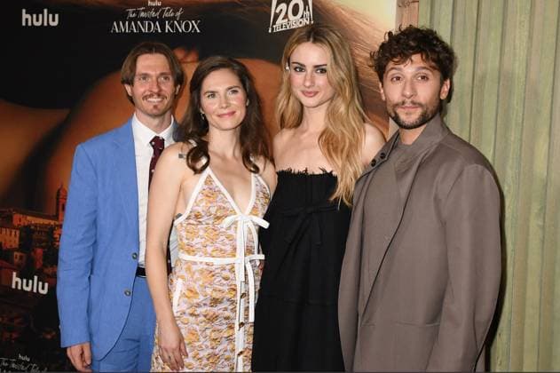 NEW YORK, NY - AUGUST 19: Raffaele Sollecito, Amanda Knox, Grace Van Patten and Giuseppe De Domenico at The Twisted Tale Of Amanda Knox New York Premiere on August 19, 2025 at New York Historical Society in New York City. Copyright: xMediaPunchx