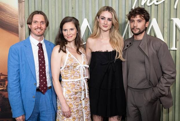 August 19, 2025, Bronx, New York, USA: Raffaele Sollecito, Amanda Knox wearing dress by Giambattista Valli, Grace Van Patten wearing dress by Prada, Giuseppe De Domenico attend premiere by HULU of The twisted tail of Amanda Knox at Historical Society in New York, NY on August 19, 2025 Bronx USA - ZUMAr339 20250819_znp_r339_110 Copyright: xLevxRadinx
