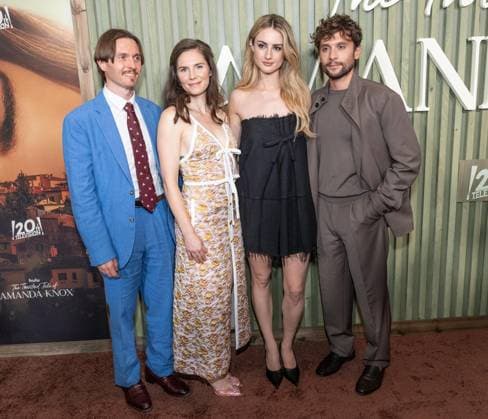 August 19, 2025, Bronx, New York, USA: Raffaele Sollecito, Amanda Knox wearing dress by Giambattista Valli, Grace Van Patten wearing dress by Prada, Giuseppe De Domenico attend premiere by HULU of The twisted tail of Amanda Knox at Historical Society in New York, NY on August 19, 2025 Bronx USA - ZUMAr339 20250819_znp_r339_111 Copyright: xLevxRadinx