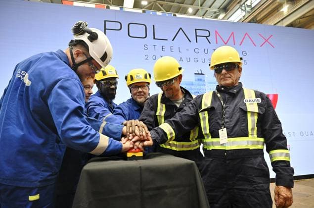 Davie s and Helsinki Shipyard s staff are seen together during a steel cutting ceremony for the beginning of construction of the Polar Max Icebreaker in Helsinki Shipyard in Helsinki, Finland on August 20, 2025. Polar Max is the first newbuild project at the Helsinki Shipyard under Canadian-owned Davie s ownership. Project will be carried out in collaboration between Finnish and Canadian maritime industry experts and the finished vessel is scheduled to be delivered to the Canadian government by 2030. The project is aligned with the principles of the Icebreaker Collaboration Effort ( ICE Pact ) between Finland, the United States and Canada. Helsinki Finland  Copyright: xMarkkuxUlanderx LKFTJK20250820135546NTBW