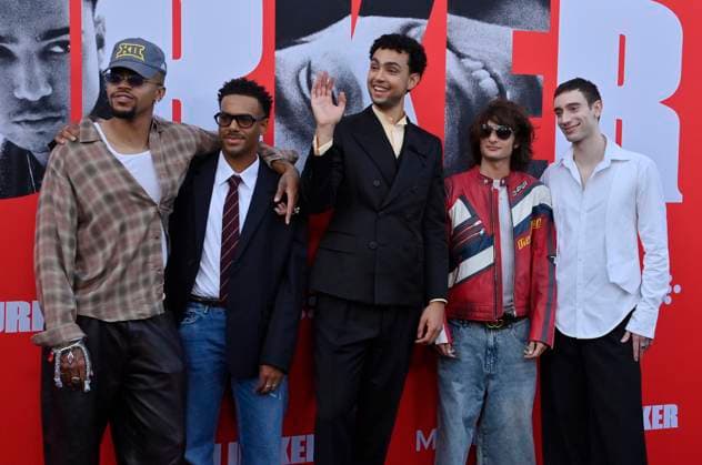 Cast members Cam Hicks, Zack Fox, Archie Madekwe, Sunny Suljic and Theodore Pellerin (L-R) attend the premiere of the motion picture crime thriller Lurker at the Vista Theatre in Los Angeles on Wednesday, August 20, 2025. Storyline: A retail employee infiltrates the inner circle of an artist on the verge of stardom. As he gets closer to the budding music star, access and proximity become a matter of life and death.  LAP2025082023 JIMxRUYMEN