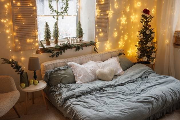 Scandinavian winter cozy bedroom with christmas lights, decor in warm atmosphere Scandinavian winter cozy bedroom with Christmas lights, decor and Christmas tree in a warm atmosphere, 63148750.jpg RECORD DATE NOT STATED