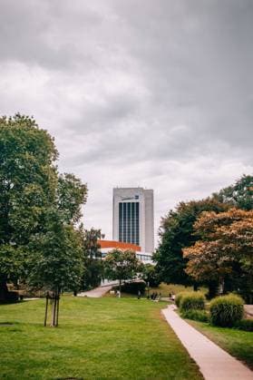 Green park area with walking path and Radisson Blu Hotel tower in the background under cloudy sky. *** Green park area with walking path and Radisson Blu Hotel tower in the background under cloudy sky 