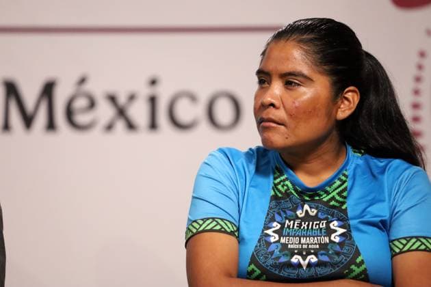 Mexico™s President Claudia Sheinbaum News Conference Raramuri athlete Maria Lorena Ramirez Nahueachi looks on during a press conference where talk about the Mexico Imparable Half Marathon a series of races in four destinations at the National Palace. on August 22, 2025, in Mexico City, Mexico. Mexico City CDMX Mexico Copyright: xLuisxBarronx