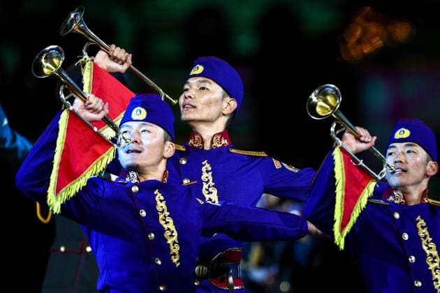 RUSSIA, MOSCOW - AUGUST 22, 2025: The Mongolian Military Song and Dance Academic Ensemble perform during the opening ceremony of the 17th Spasskaya Tower International Military Music Festival in Red Square Moscow Russia  - ZUMAt113 20250822_zaa_t113_419 Copyright: xSergeixBulkinx