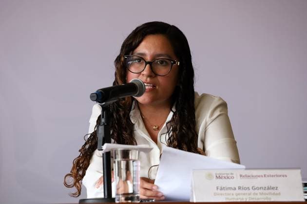 Director of Human Mobility and Development of the Mexican Foreign Ministry, Fatima Rios Gonzalez speaks about the Legal consular assistance for Mexican migrants in the United States in response to immigration raids during a news conference at Ministry of Foreign Affairs Headquarters. on August 22, 2025, in Mexico City, Mexico. Mexico City Mexico - ZUMAe321 20250822_zia_e321_030 Copyright: xLuisxBarronx