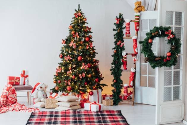 Christmas tree with gifts decorated with red toys in the interior Christmas tree with gifts decorated with red toys in the interior for the new year, 63345642.jpg RECORD DATE NOT STATED