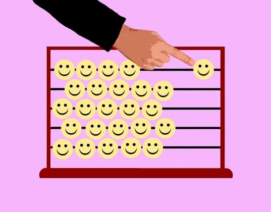 Hand counting smiley faces on abacus symbolizing happiness and wellbeing, GWAF00965