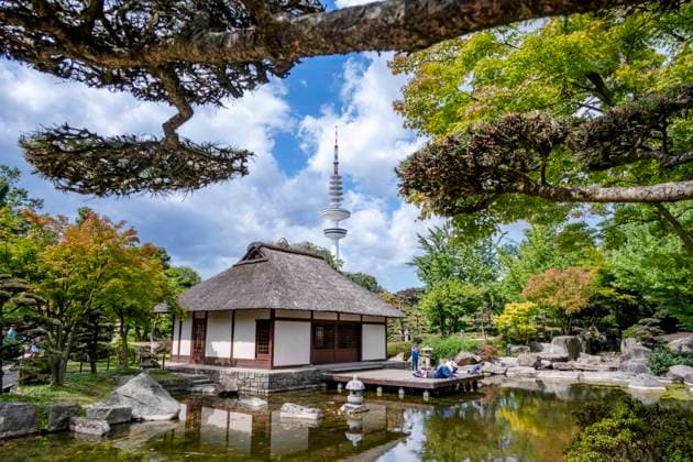 Traditional Japanese garden house and pond with Hamburg television tower, Hamburg Hamburg EGBF01522
