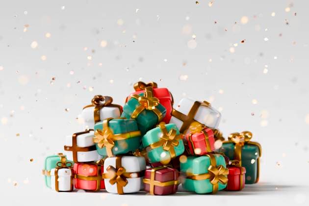 Stack of colorful 3D Christmas gifts with snow and festive ribbons, JPSF01535