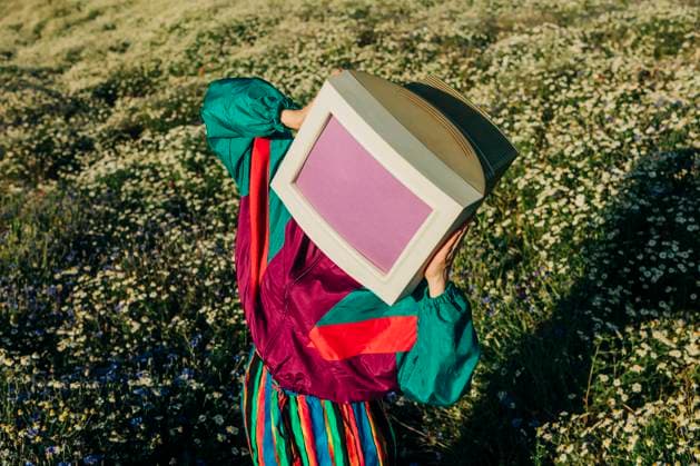 Creative Highlight Symbolbilder Person in 90s tracksuit with CRT monitor head in summer meadow model released, Symbolfoto, VSNF03760